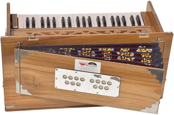Teak Wood Safri Harmonium- 3½ Octave By Kaayna Musicals-Portable, Traveler, Baja, 9 Stops- 4 Drone, Bass/Male Reeds, Gig Bag, Tuning: 440Hz, For Yoga, Bhajan, Kirtan, Mantra, Vocal - Image 9