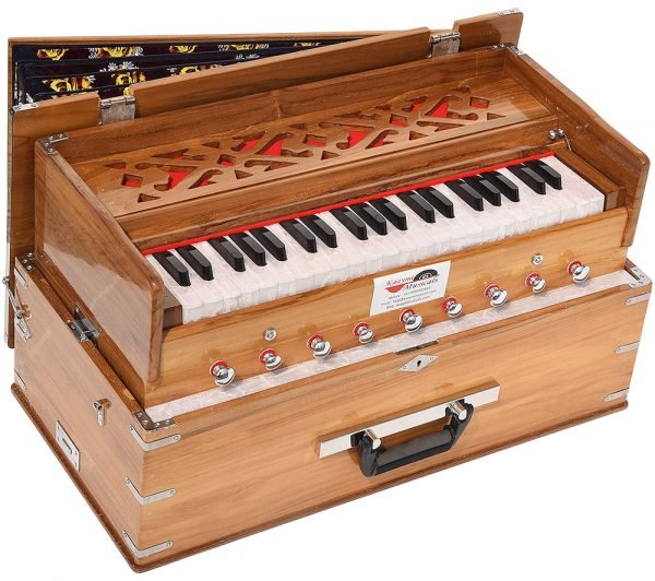 Teak Wood Safri Harmonium- 3½ Octave By Kaayna Musicals-Portable, Traveler, Baja, 9 Stops- 4 Drone, Bass/Male Reeds, Gig Bag, Tuning: 440Hz, For Yoga, Bhajan, Kirtan, Mantra, Vocal - Image 1
