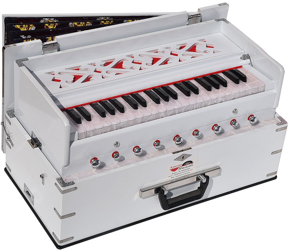 L3 White Safri Harmonium- 3½ Octaves By Kaayna Musicals-Portable, Traveler, Baja, 9 Stops- 4 Drone, Bass/Male Reeds, Gig Bag, Tuning: 440Hz, Best for Yoga, Bhajan, Kirtan, Mantra, Vocal - Image 1