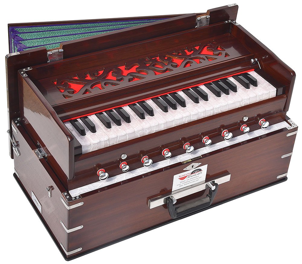 L3 OM Safri Harmonium- 3½ Octave By Kaayna Musicals-Portable, Traveler, Baja, 9 Stops- 4 Drone, Bass/Male Reeds, Walnut Color, Gig Bag, Tuning: 440Hz, For Yoga, Bhajan, Kirtan, Mantra, Vocal - Image 1