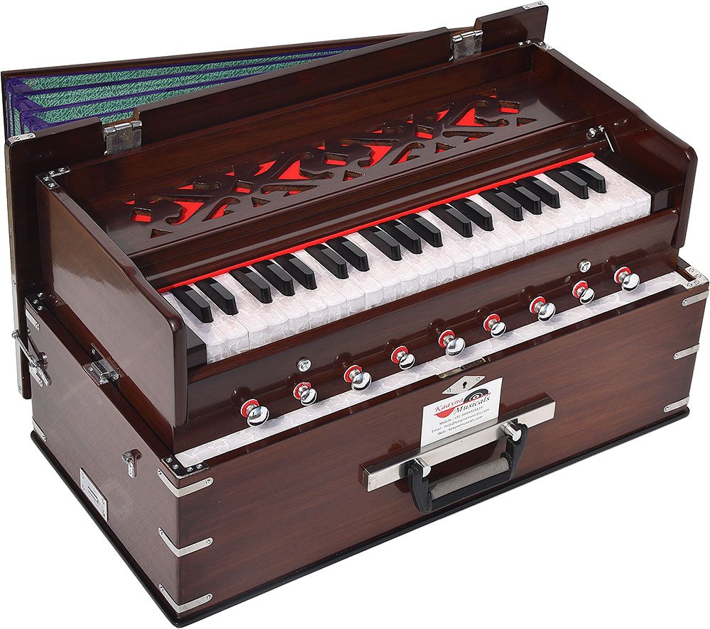 L3 Safri Harmonium- 3½ Octave By Kaayna Musicals-Portable, Traveler, Baja, 9 Stops- 4 Drone, Bass/Male Reeds, Walnut Color, Gig Bag, Tuning: 440Hz, For Yoga, Bhajan, Kirtan, Mantra, Vocal - Image 1