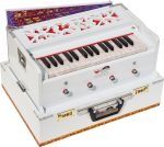 OM Mini Traveler Harmonium- 2¾ Octave By Kaayna Musicals-Portable, Baja, 4 Stops (2 Drone), Two Set Reed- Bass/Male, White Colour, Gig Bag, Tuning: 440 Hz, For Yoga, Bhajan, Kirtan, Mantra, Vocal