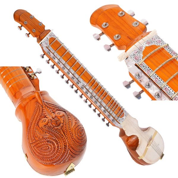Esraj With Bow-Best Pro Quality, Gear Tuning, 4 Main String, 15 Sympathetic String, Fiber Case, Tun Wood, Beautiful Craft Work, Natural Wood Colour, With Extra String & Rosin For Bhajan, Kirtan, Raaga - Image 1