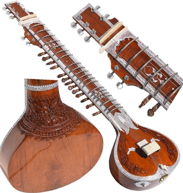 Sitar- Ravi Shankar Style With Fiber Hard Case- Studio Sitar- Semi Pro- 7 Main String, 12 to 13 Sympathetic Strings, Tun Wood, Traveler Model, Extra Strings, Few Mizrabs, With Pick-Up - Image 1