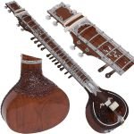 Sitar With Fiber Case-Designer Tun Wood- Vilayat Khan Style- 6 Main String, 12 or 13 Sympathetic Strings, Flat Back, Traveler Model, Extra Strings, Few Mizrabs, Pick-Up Easy To Connect with Guitar Amplifier