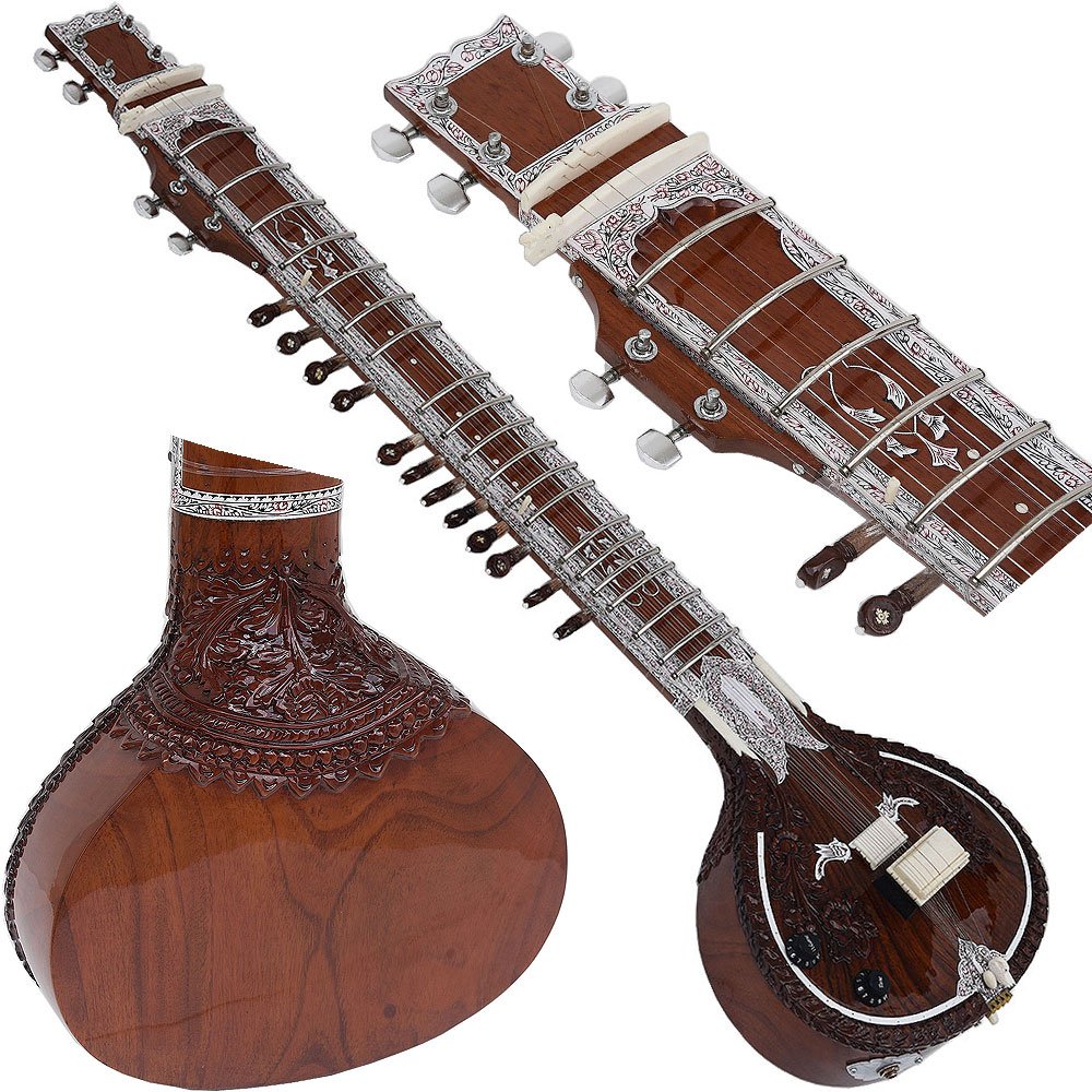 buy-sitar-online-rikhi-ram-mks-14 Sitar With Fiber Case-Designer Tun Wood- Vilayat Khan Style- 6 Main String, 12 or 13 Sympathetic Strings, Flat Back, Traveler Model, Extra Strings, Few Mizrabs, Pick-Up Easy To Connect with Guitar Amplifier - Image 1