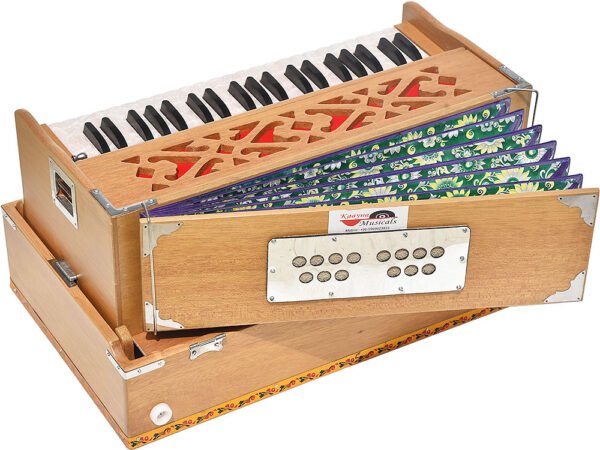 Folding Harmonium Melamyne Matte Finish By Kaayna Musicals- 9 Stops- 5 Main & 4 Drones, 3½ Octaves, Coupler,  Teak Colour, Carry Bag , Bass/Male- 440 Hz, For Yoga, Bhajan, Kirtan, Shruti, Mantra, Meditation, Chant, Vocal - Image 2