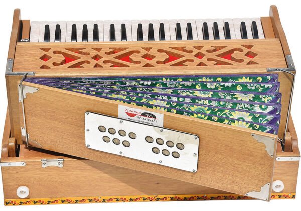 Folding Harmonium Melamyne Matte Finish By Kaayna Musicals- 9 Stops- 5 Main & 4 Drones, 3½ Octaves, Coupler,  Teak Colour, Carry Bag , Bass/Male- 440 Hz, For Yoga, Bhajan, Kirtan, Shruti, Mantra, Meditation, Chant, Vocal - Image 10