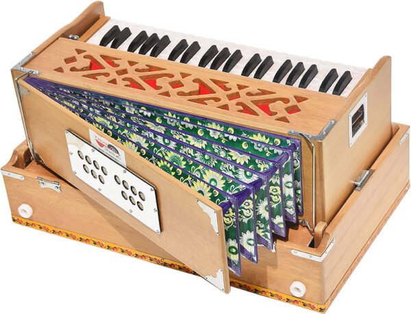 Folding Harmonium Melamyne Matte Finish By Kaayna Musicals- 9 Stops- 5 Main & 4 Drones, 3½ Octaves, Coupler,  Teak Colour, Carry Bag , Bass/Male- 440 Hz, For Yoga, Bhajan, Kirtan, Shruti, Mantra, Meditation, Chant, Vocal - Image 11