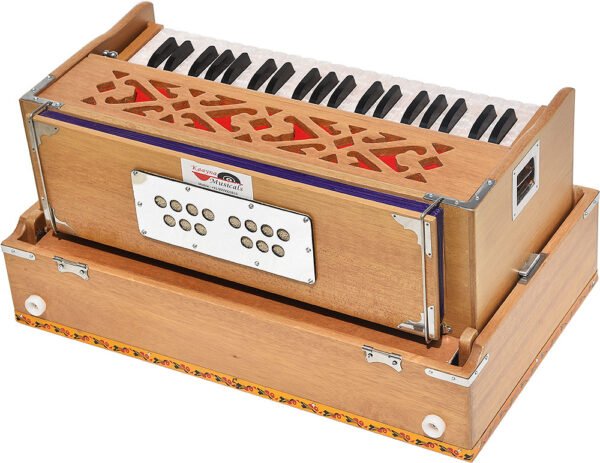 Folding Harmonium Melamyne Matte Finish By Kaayna Musicals- 9 Stops- 5 Main & 4 Drones, 3½ Octaves, Coupler,  Teak Colour, Carry Bag , Bass/Male- 440 Hz, For Yoga, Bhajan, Kirtan, Shruti, Mantra, Meditation, Chant, Vocal - Image 12
