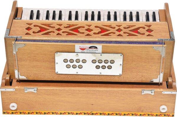 Folding Harmonium Melamyne Matte Finish By Kaayna Musicals- 9 Stops- 5 Main & 4 Drones, 3½ Octaves, Coupler,  Teak Colour, Carry Bag , Bass/Male- 440 Hz, For Yoga, Bhajan, Kirtan, Shruti, Mantra, Meditation, Chant, Vocal - Image 13