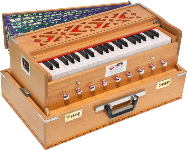 Folding Harmonium Melamyne Matte Finish By Kaayna Musicals- 9 Stops- 5 Main & 4 Drones, 3½ Octaves, Coupler,  Teak Colour, Carry Bag , Bass/Male- 440 Hz, For Yoga, Bhajan, Kirtan, Shruti, Mantra, Meditation, Chant, Vocal - Image 1