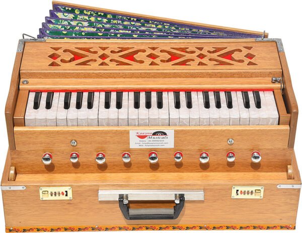 Folding Harmonium Melamyne Matte Finish By Kaayna Musicals- 9 Stops- 5 Main & 4 Drones, 3½ Octaves, Coupler,  Teak Colour, Carry Bag , Bass/Male- 440 Hz, For Yoga, Bhajan, Kirtan, Shruti, Mantra, Meditation, Chant, Vocal - Image 4