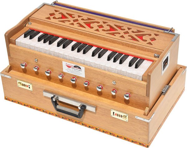 Folding Harmonium Melamyne Matte Finish By Kaayna Musicals- 9 Stops- 5 Main & 4 Drones, 3½ Octaves, Coupler,  Teak Colour, Carry Bag , Bass/Male- 440 Hz, For Yoga, Bhajan, Kirtan, Shruti, Mantra, Meditation, Chant, Vocal - Image 6