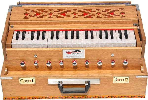 Folding Harmonium Melamyne Matte Finish By Kaayna Musicals- 9 Stops- 5 Main & 4 Drones, 3½ Octaves, Coupler,  Teak Colour, Carry Bag , Bass/Male- 440 Hz, For Yoga, Bhajan, Kirtan, Shruti, Mantra, Meditation, Chant, Vocal - Image 7