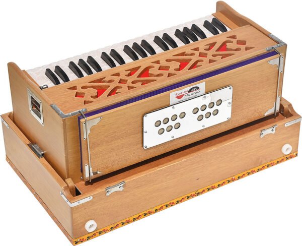 Folding Harmonium Melamyne Matte Finish By Kaayna Musicals- 9 Stops- 5 Main & 4 Drones, 3½ Octaves, Coupler,  Teak Colour, Carry Bag , Bass/Male- 440 Hz, For Yoga, Bhajan, Kirtan, Shruti, Mantra, Meditation, Chant, Vocal - Image 9