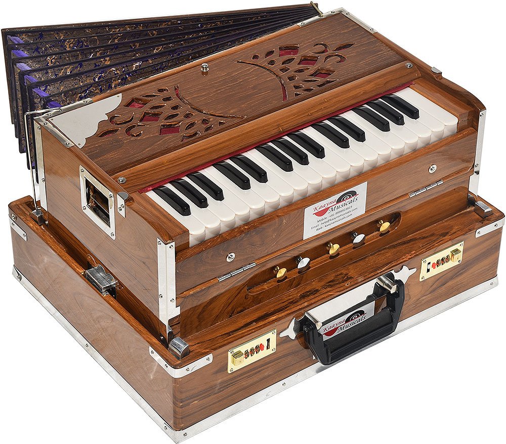 buy-indian-harmonium-online-3 Teak Wood Mini Traveler Harmonium By Kaayna Musicals- 5 Stop- 2 Main & 3 Drone, 2¾ Octave, Natural Colour, Carry Bag , Bass/Male- 440 Hz, For Yoga, Bhajan, Kirtan, Shruti, Mantra, Meditation, Chant, Vocal - Image 1