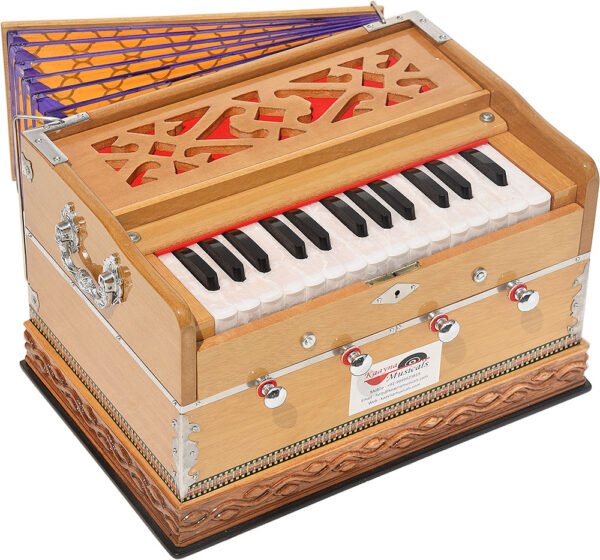 Harmonium Mini By Kaayna Musicals, 4 Stop- 27 Keys, 2¼  Octave, Teak Colour, Carry Bag , Bass/Male- 440 Hz, For Yoga, Bhajan, Kirtan, Shruti, Mantra, Meditation, Chant, Vocal - Image 1
